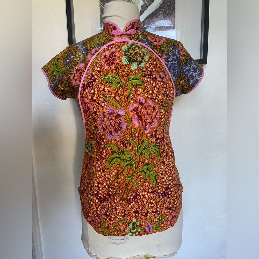 Vintage floral short sleeve Chinese style shirt size M